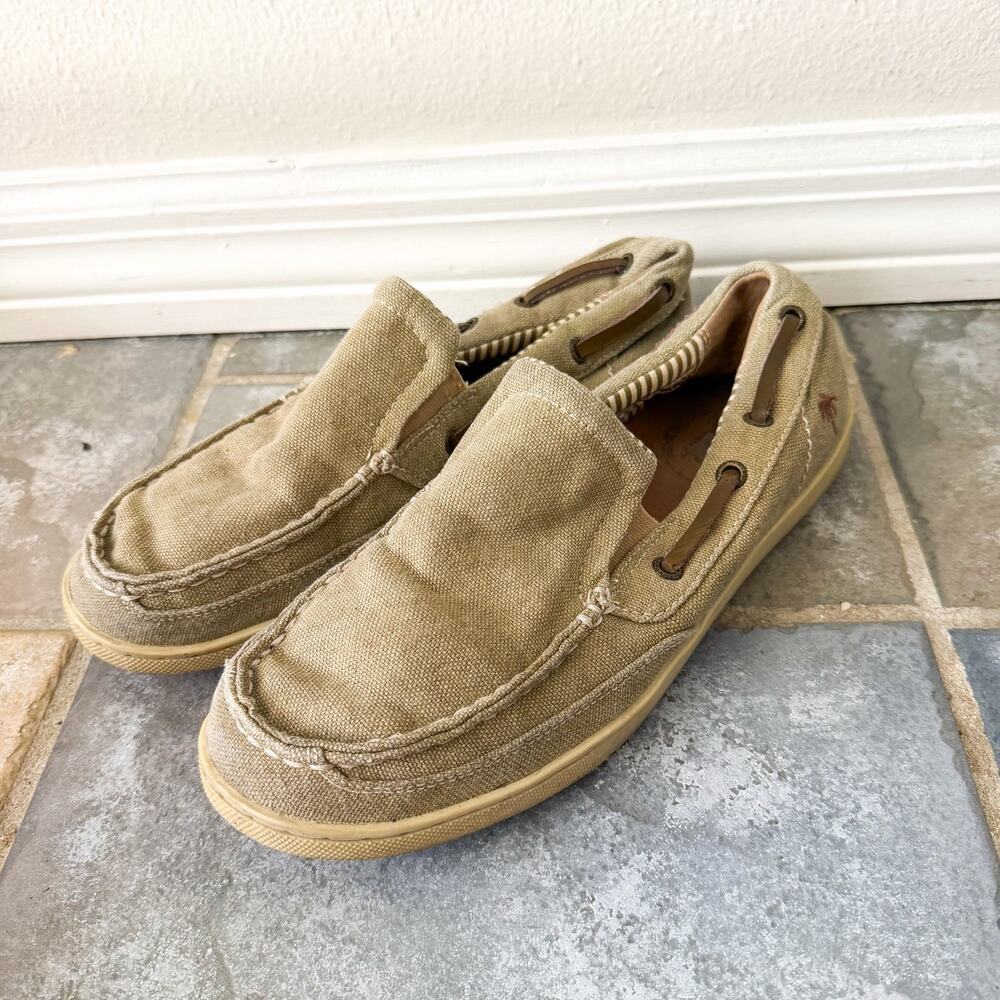 Margaritaville Cayman Boat Shoes Mens 9 Tan Canvas Slip On Casual